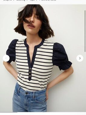 Veronica Beard Raegan Puff Sleeve Top Navy Blue Off White Stripe Sz M